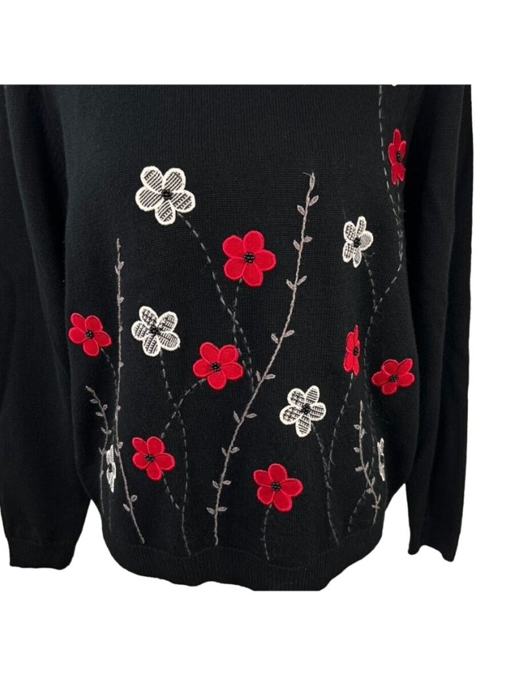 Vintage Alfred Dunner Black Embroidered Pullover Sweater Sz M Red White Floral - Picture 5 of 9